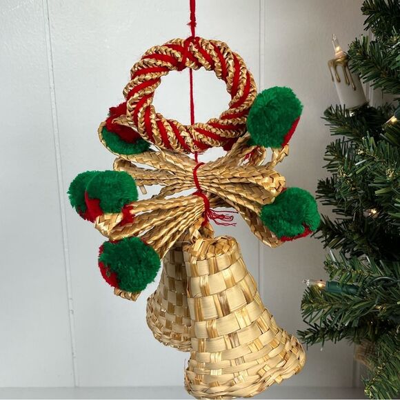 Vintage Straw Rattan Wicker Woven Hanging Basket Bells Christmas Decor Boho MCM - Picture 7 of 12